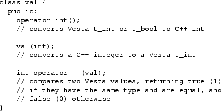 \begin{table}{\small\begin{verbatim}class val {
public:
operator int();
// ...
...ame type and are equal, and
// false (0) otherwise
}\end{verbatim}}
\end{table}