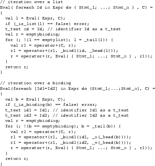 \begin{table}{\small\begin{verbatim}// iteration over a list
Eval( foreach Id ...
...Eval( { Stmt_1; ...; Stmt_n } , r1));
}
return r;
}\end{verbatim}}
\end{table}