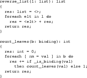 \begin{table}{\small\begin{verbatim}reverse_list(l: list): list
{
res: list =...
...(val)
then count_leaves(val) else 1;
return res;
}\end{verbatim}}
\end{table}