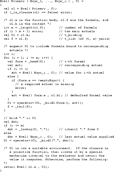 \begin{table}{\footnotesize\begin{verbatim}Eval( Primary ( Expr_1, ..., Expr_n...
...rform the following:
*/
return Eval( cl.e , C1);
}\end{verbatim}}
\end{table}